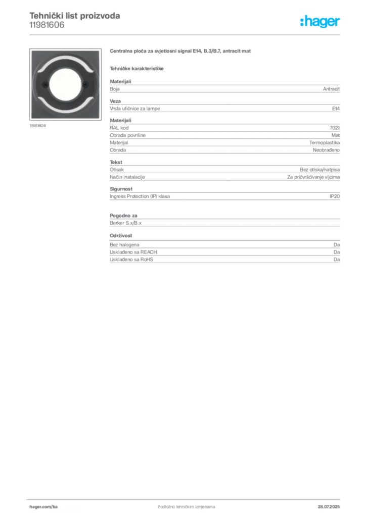 Slika Hager Product data sheet 11981606  | Hager
