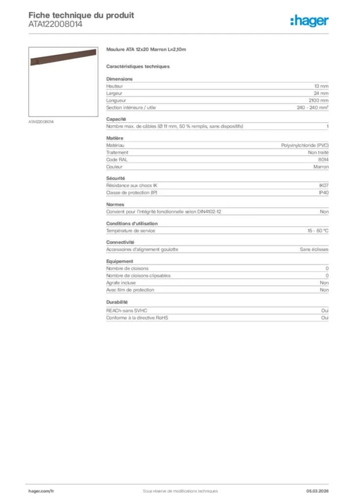 Image Hager Fiche technique du produit ATA122008014 | Hager France