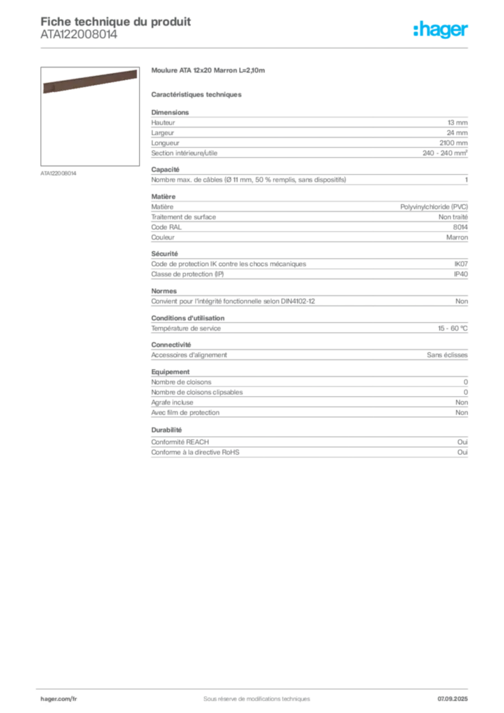 Image Hager Fiche technique du produit ATA122008014 | Hager France