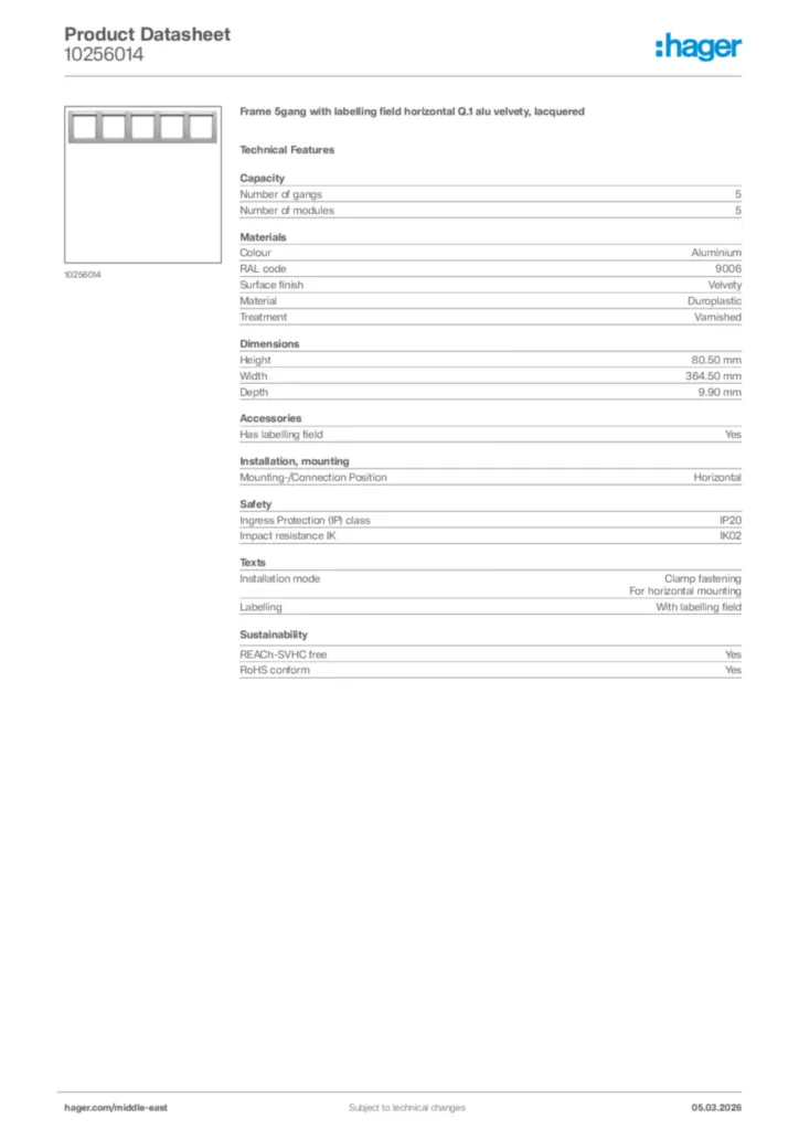 Image Hager Product data sheet 10256014  | Hager