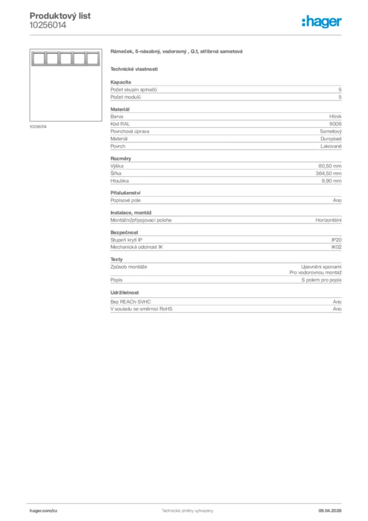 Obrázek Hager Product data sheet 10256014 | Hager
