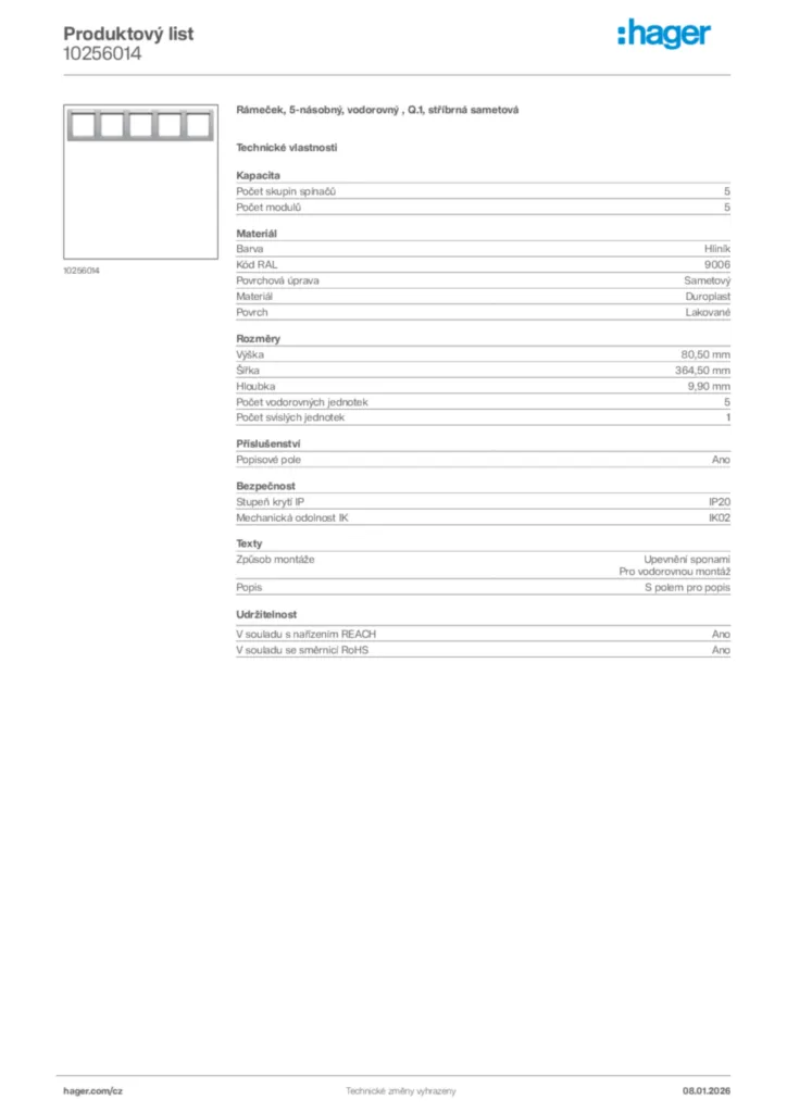 Obrázek Hager Product data sheet 10256014 | Hager