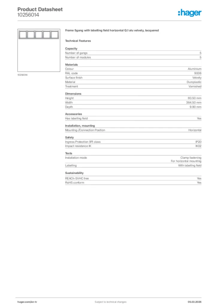 Image Hager Product data sheet 10256014  | Hager