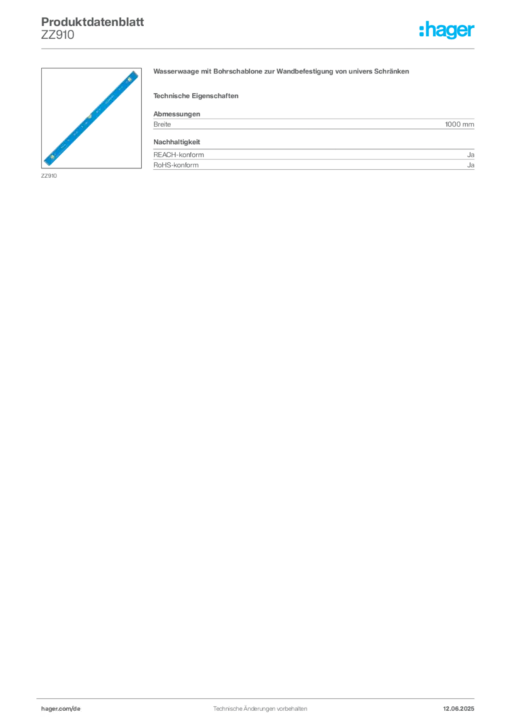Bild Hager Produktdatenblatt ZZ910 | Hager Deutschland