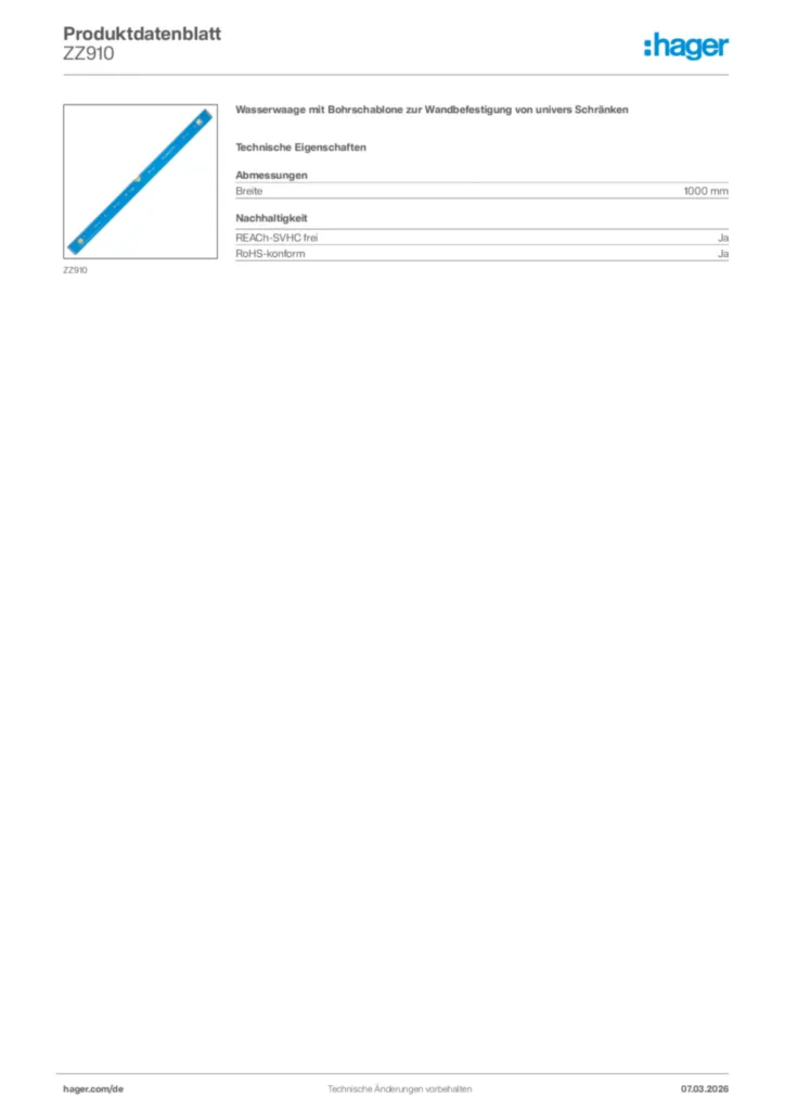 Bild Hager Produktdatenblatt ZZ910 | Hager Deutschland