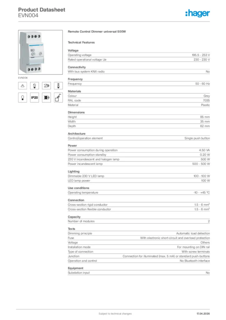 Image Hager Product data sheet EVN004  | Hager Africa