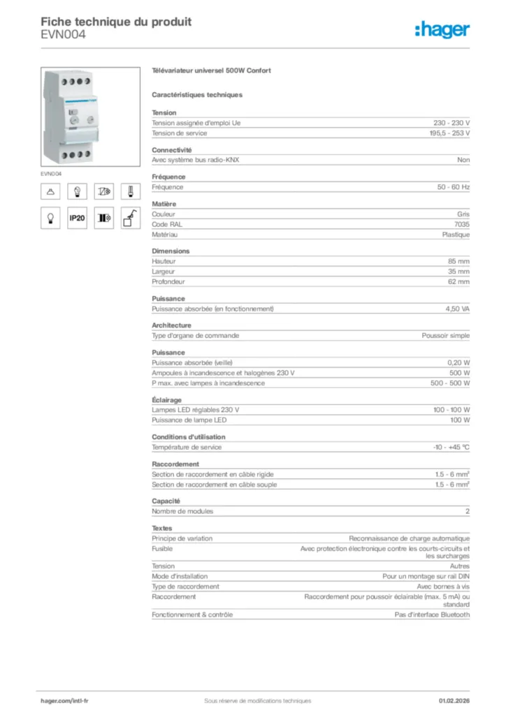 Image Hager Fiche technique du produit EVN004 | Hager Afrique