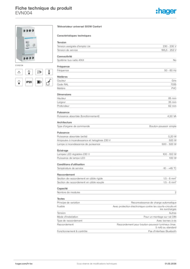 Image Hager Fiche technique du produit EVN004 | Hager Belgique