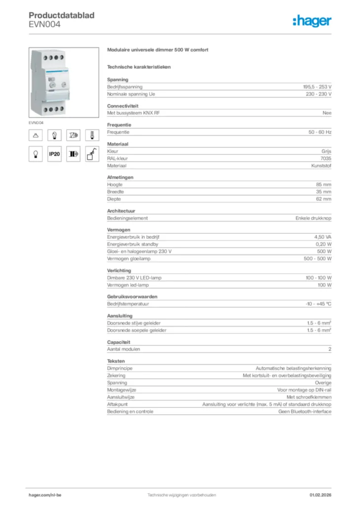 Afbeelding Hager Productdatablad EVN004 | Hager Belgium