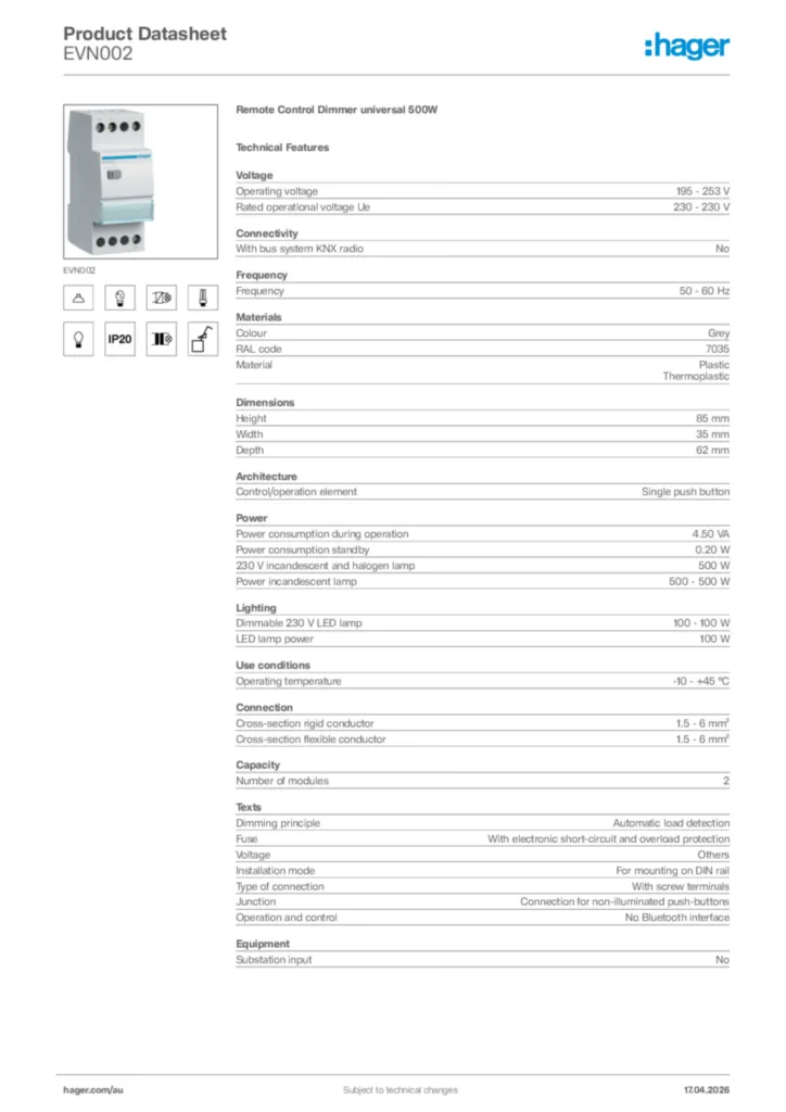 Image Hager Product data sheet EVN002  | Hager Australia