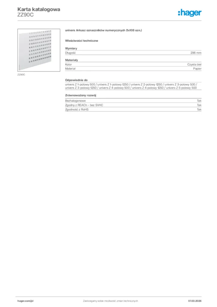 Zdjęcie Hager Karta katalogowa ZZ90C | Hager Polska