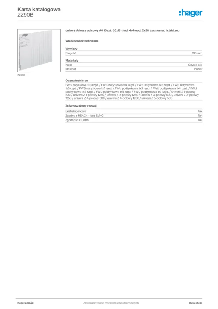 Zdjęcie Hager Karta katalogowa ZZ90B | Hager Polska