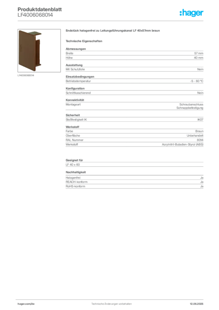Bild Hager Produktdatenblatt LF4006068014 | Hager Deutschland