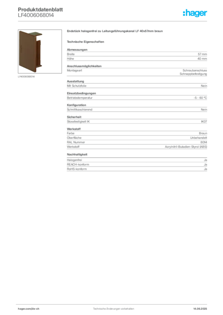 Bild Hager Produktdatenblatt LF4006068014 | Hager Schweiz