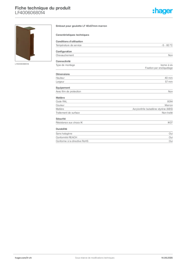 Image Hager Fiche technique du produit LF4006068014 | Hager Suisse