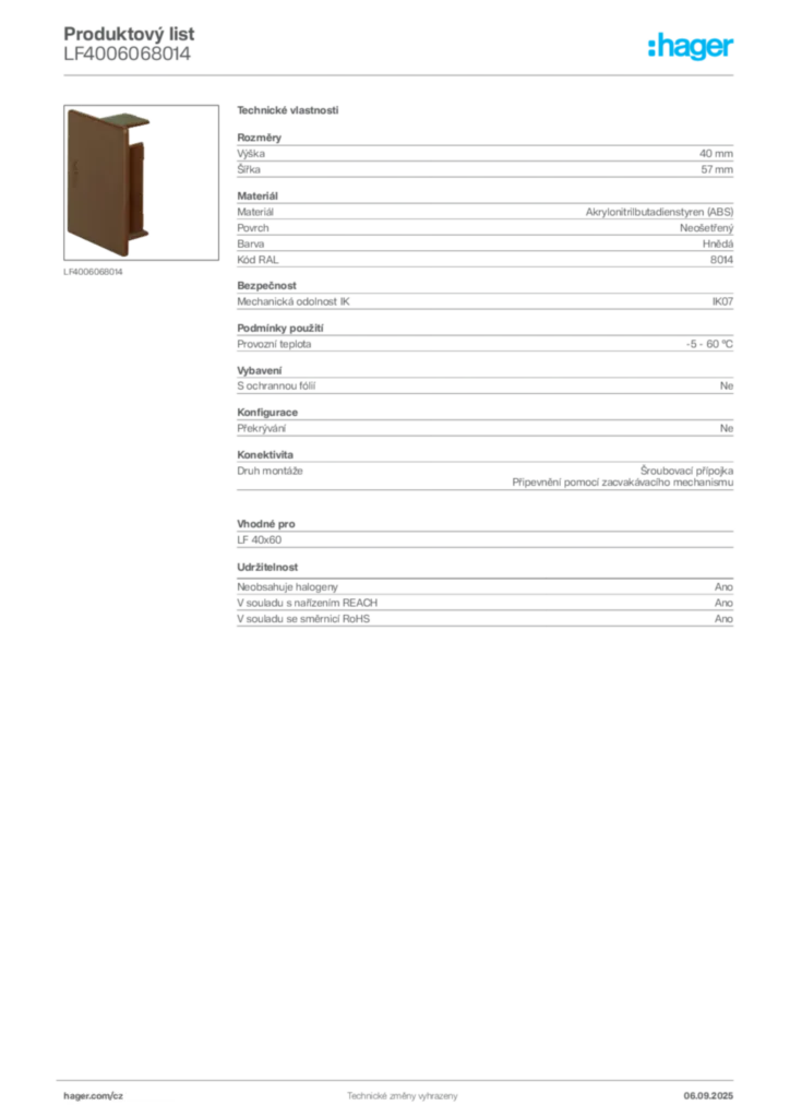 Obrázek Hager Produktový list LF4006068014 | Hager