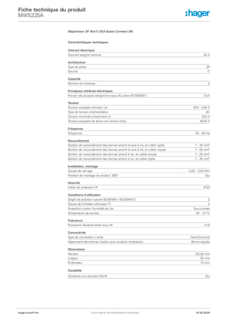 Image Hager Fiche technique du produit MWS225A | Hager Belgique