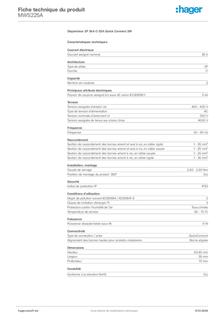 Image Hager Fiche technique du produit MWS225A | Hager Belgique