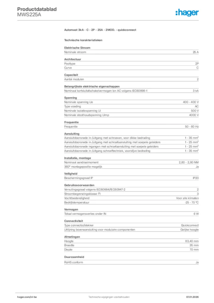 Afbeelding Hager Productdatablad MWS225A | Hager Belgium