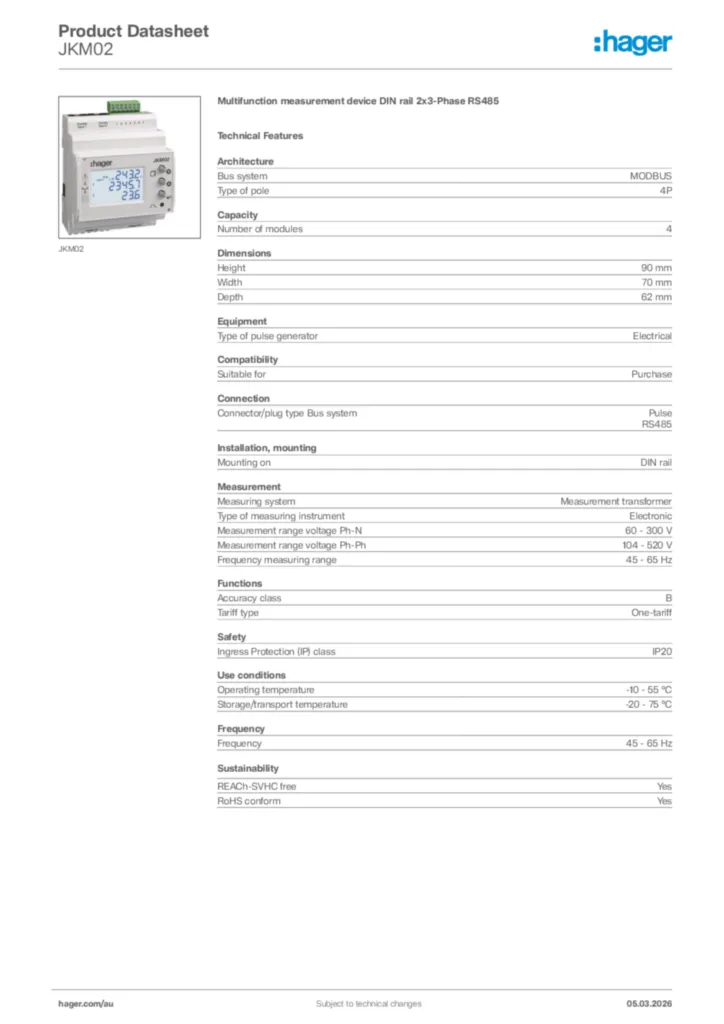Image Hager Product data sheet JKM02  | Hager Australia