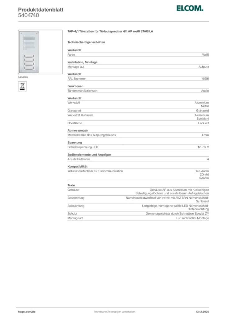 Bild Elcom Produktdatenblatt 5404740 | Hager Deutschland