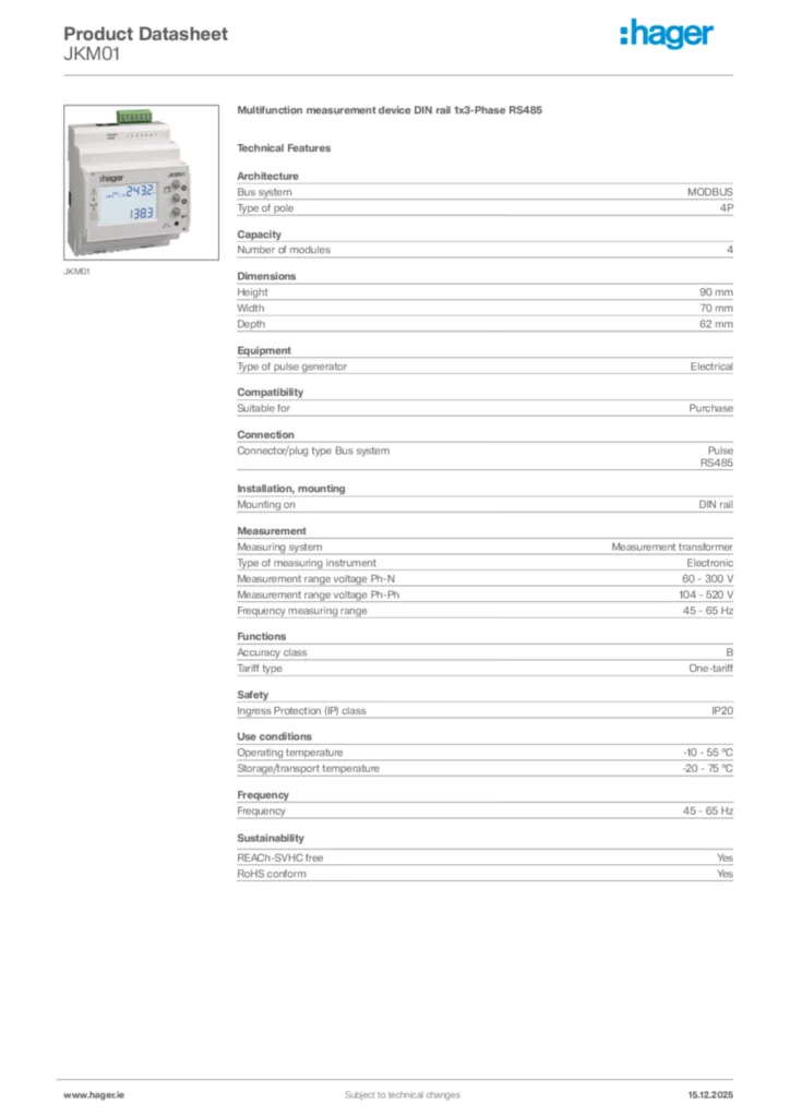 Image Hager Product data sheet JKM01  | Hager