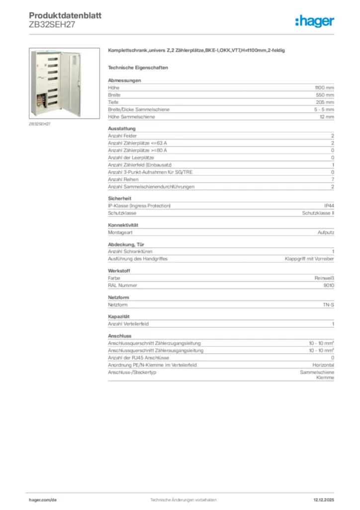 Bild Hager Produktdatenblatt ZB32SEH27 | Hager Deutschland