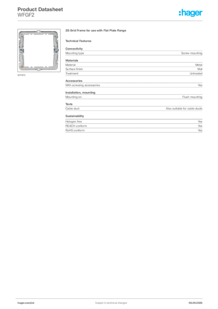 Image Hager Product data sheet WFGF2  | Hager