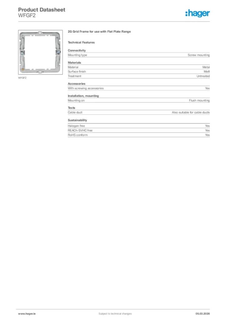 Image Hager Product data sheet WFGF2  | Hager