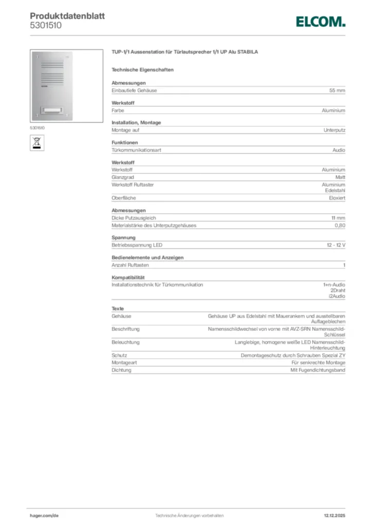 Bild Elcom Produktdatenblatt 5301510 | Hager Deutschland