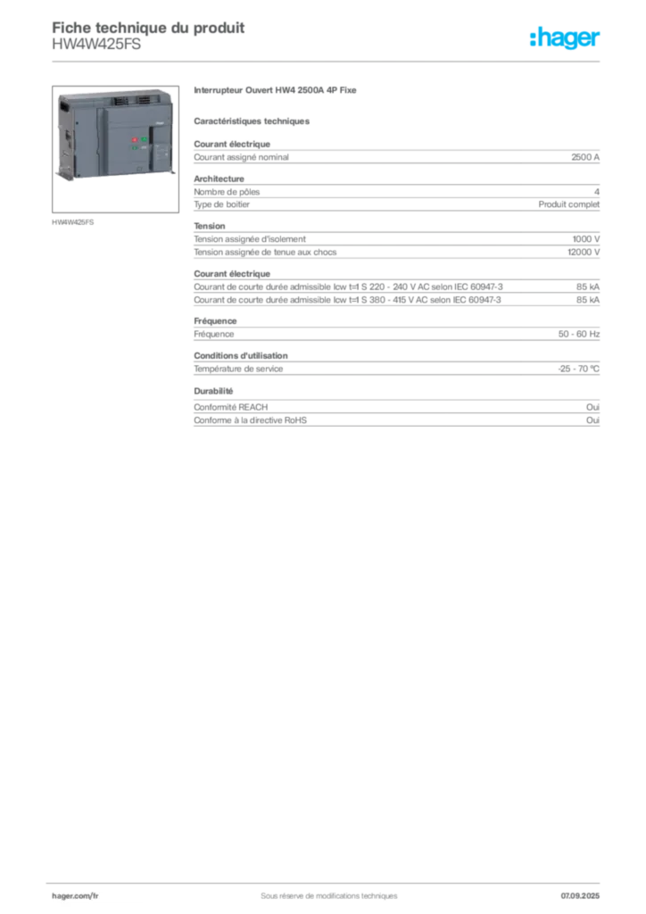 Image Hager Fiche technique du produit HW4W425FS | Hager France