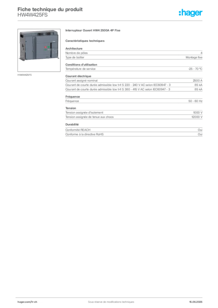 Image Hager Fiche technique du produit HW4W425FS | Hager Suisse