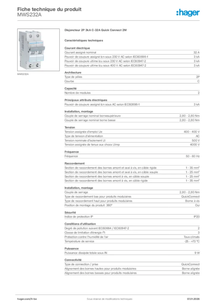 Image Hager Fiche technique du produit MWS232A | Hager Belgique