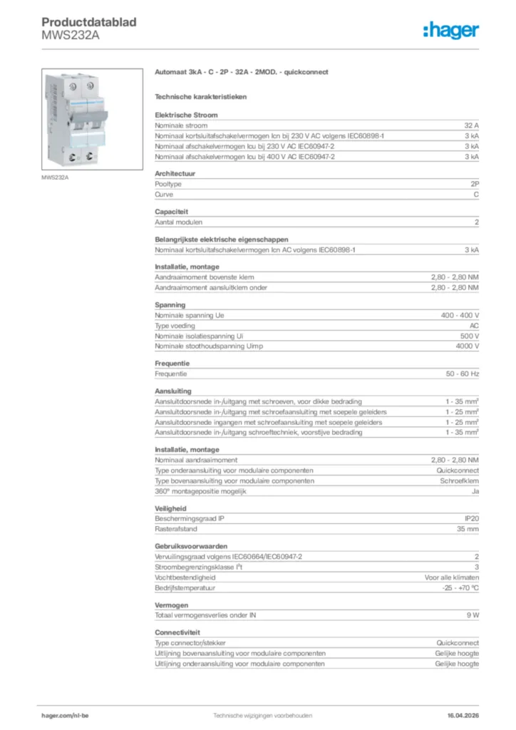 Afbeelding Hager Productdatablad MWS232A | Hager Belgium