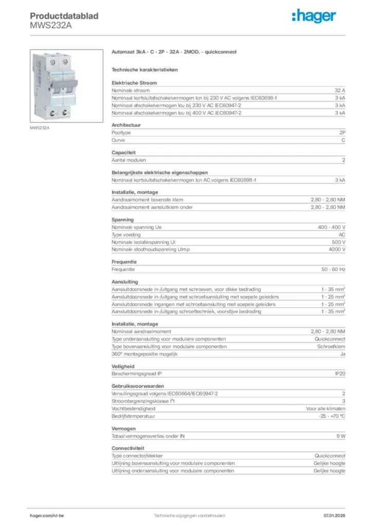 Afbeelding Hager Productdatablad MWS232A | Hager Belgium