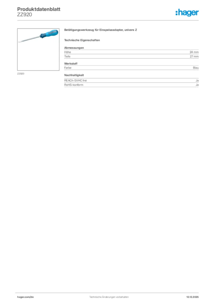 Bild Hager Produktdatenblatt ZZ920 | Hager Deutschland