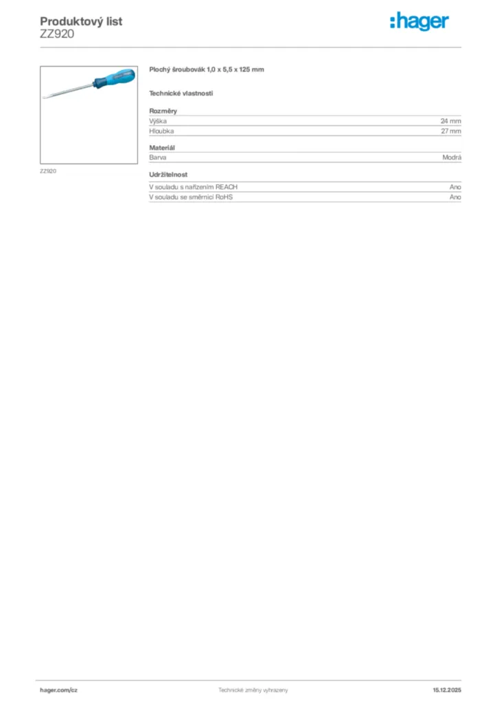 Obrázek Hager Produktový list ZZ920 | Hager