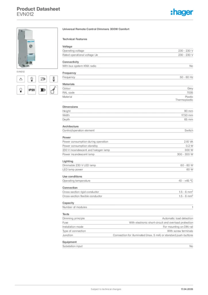 Image Hager Product data sheet EVN012  | Hager Africa
