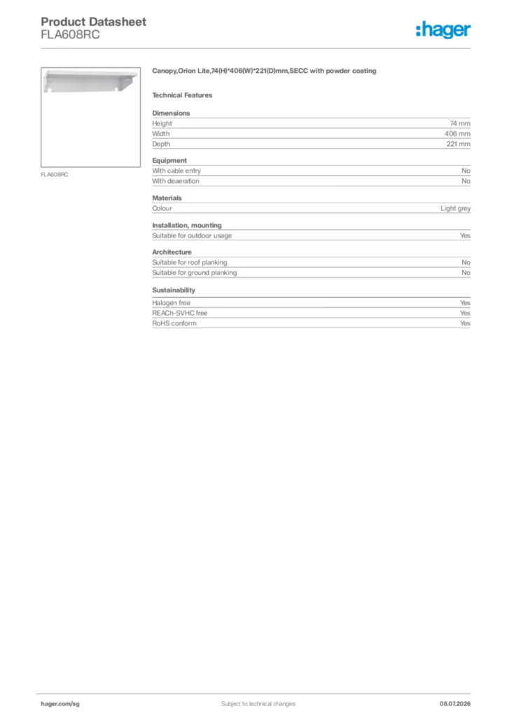 Image Hager Product data sheet FLA608RC  | Hager