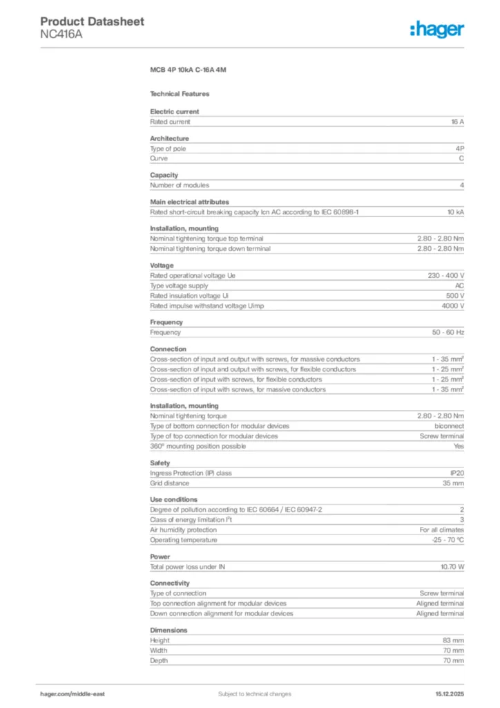 Image Hager Product data sheet NC416A  | Hager