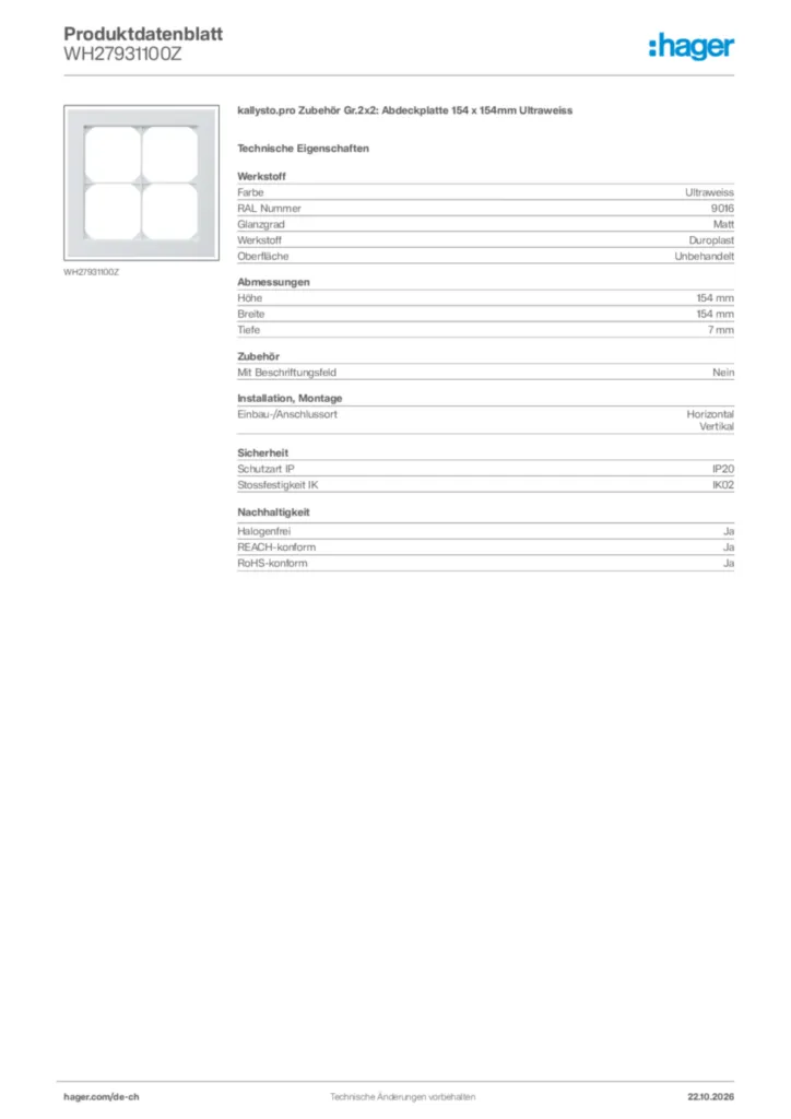 Bild Hager Produktdatenblatt WH27931100Z | Hager Schweiz