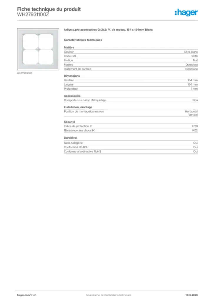 Image Hager Fiche technique du produit WH27931100Z | Hager Suisse