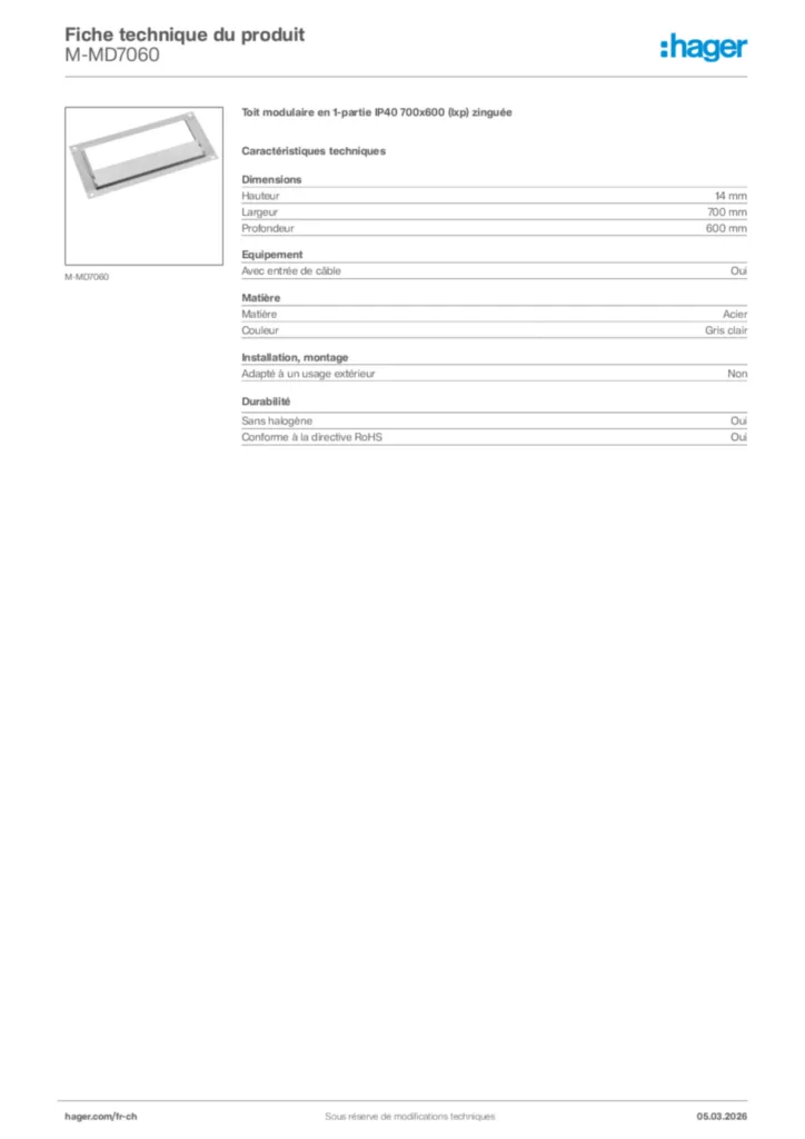 Image Hager Fiche technique du produit M-MD7060 | Hager Suisse