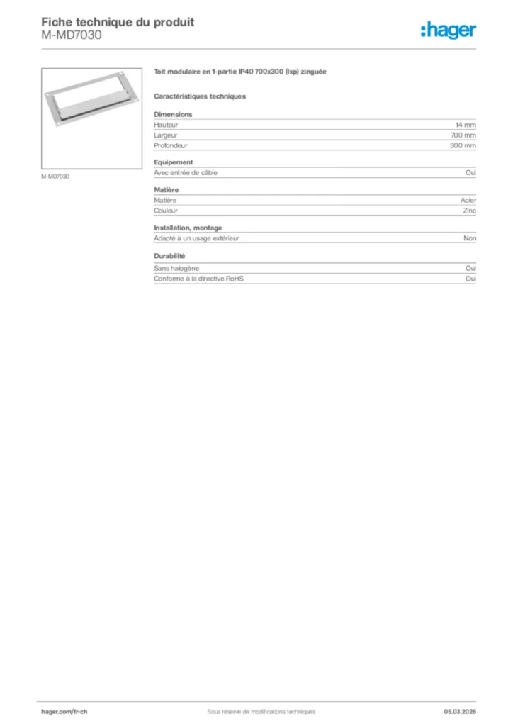 Image Hager Fiche technique du produit M-MD7030 | Hager Suisse