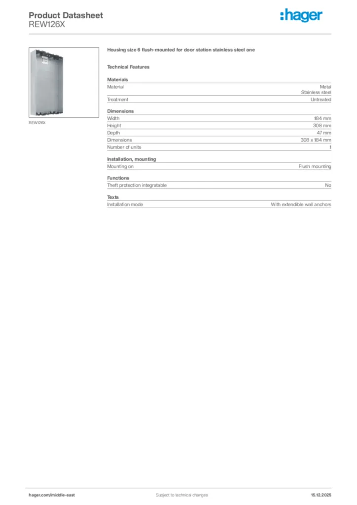 Image Hager Product data sheet REW126X  | Hager