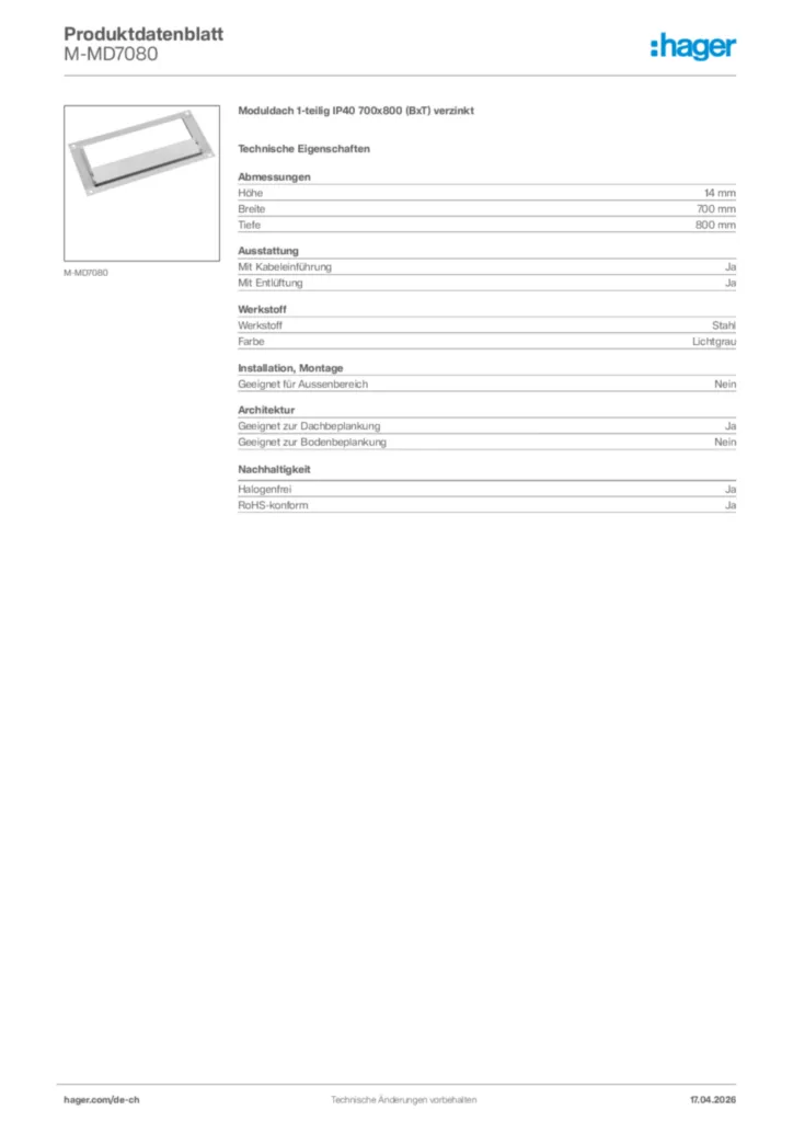 Bild Hager Produktdatenblatt M-MD7080 | Hager Schweiz