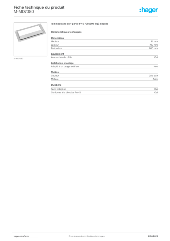 Image Hager Fiche technique du produit M-MD7080 | Hager Suisse