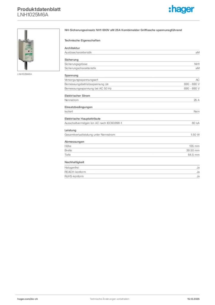 Bild Hager Produktdatenblatt LNH1025M6A | Hager Schweiz