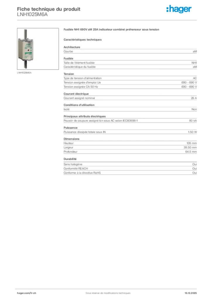 Image Hager Fiche technique du produit LNH1025M6A | Hager Suisse