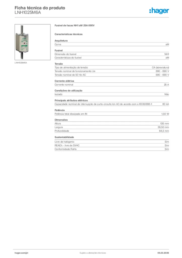 Imagem Hager Ficha técnica do produto LNH1025M6A | Hager Portugal